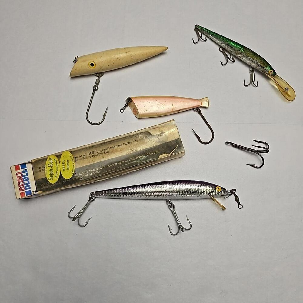 Vintage Lot of 4 Fishing Tackle Lot, Lures Les Davis #5, REBEL...